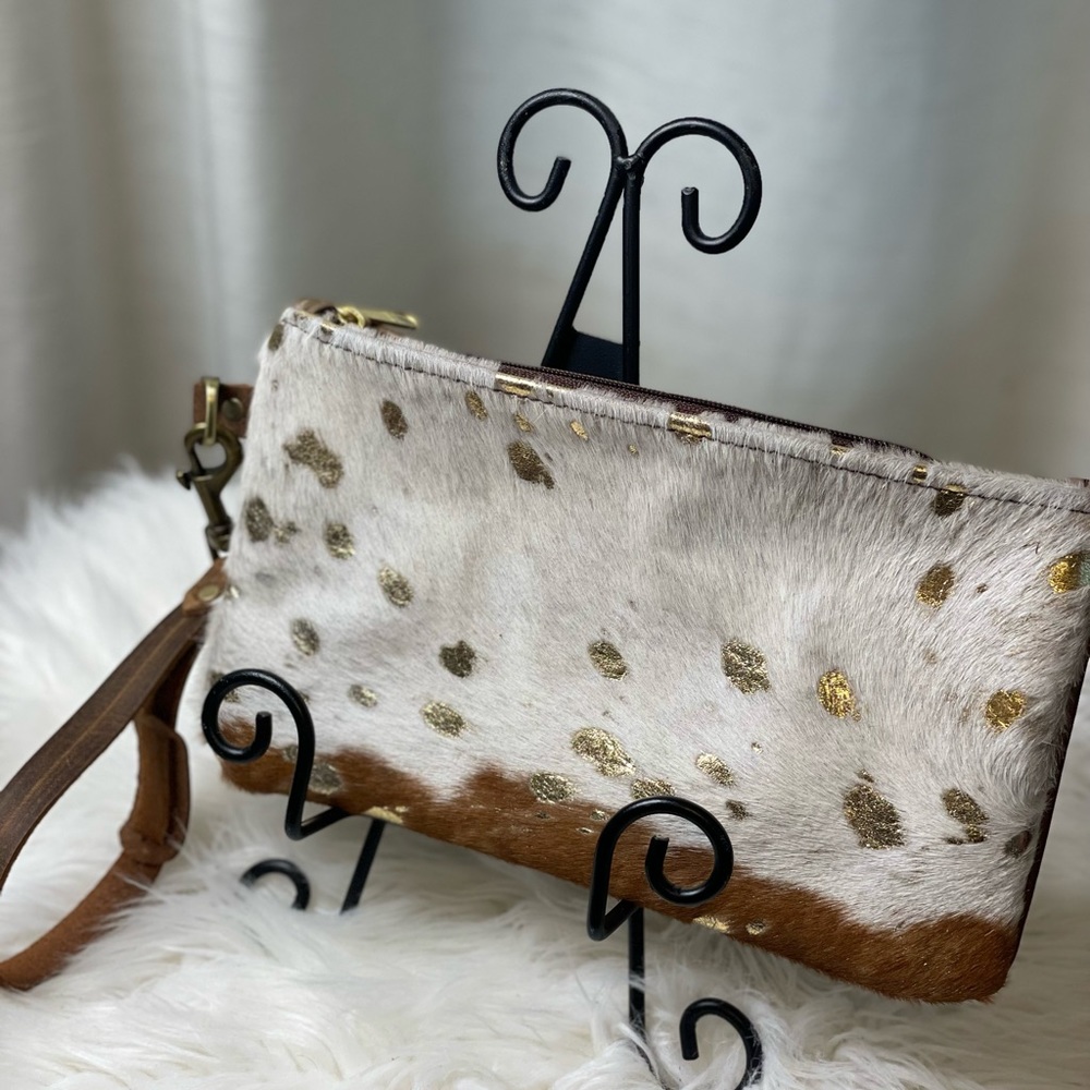 Metallic Leather Acid Wash White & Gold Wristlet sized 10" W X 6 1/5"